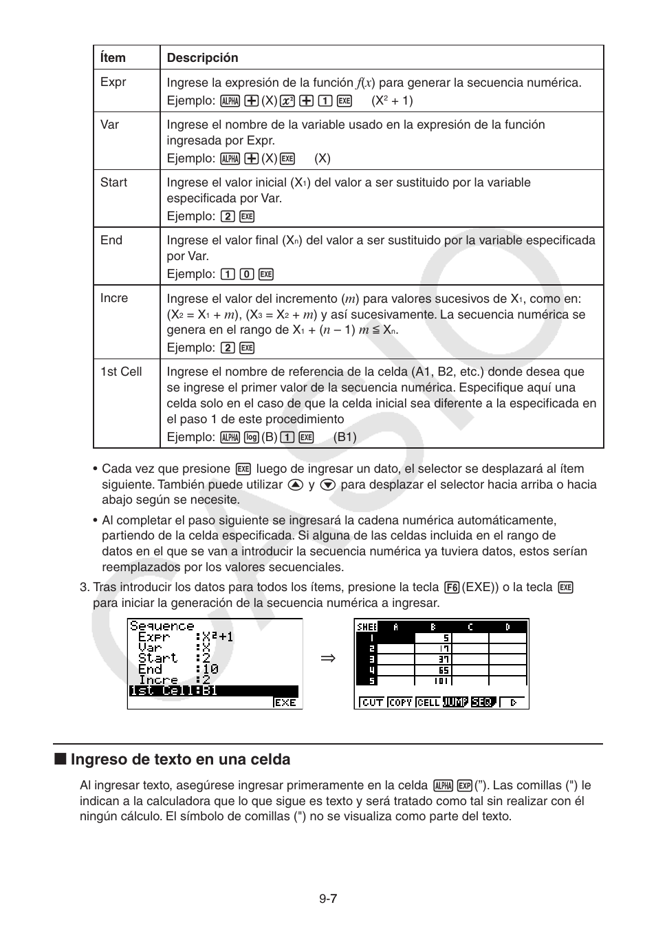 I ingreso de texto en una celda | Casio FX-9750GII User Manual | Page 269 / 411