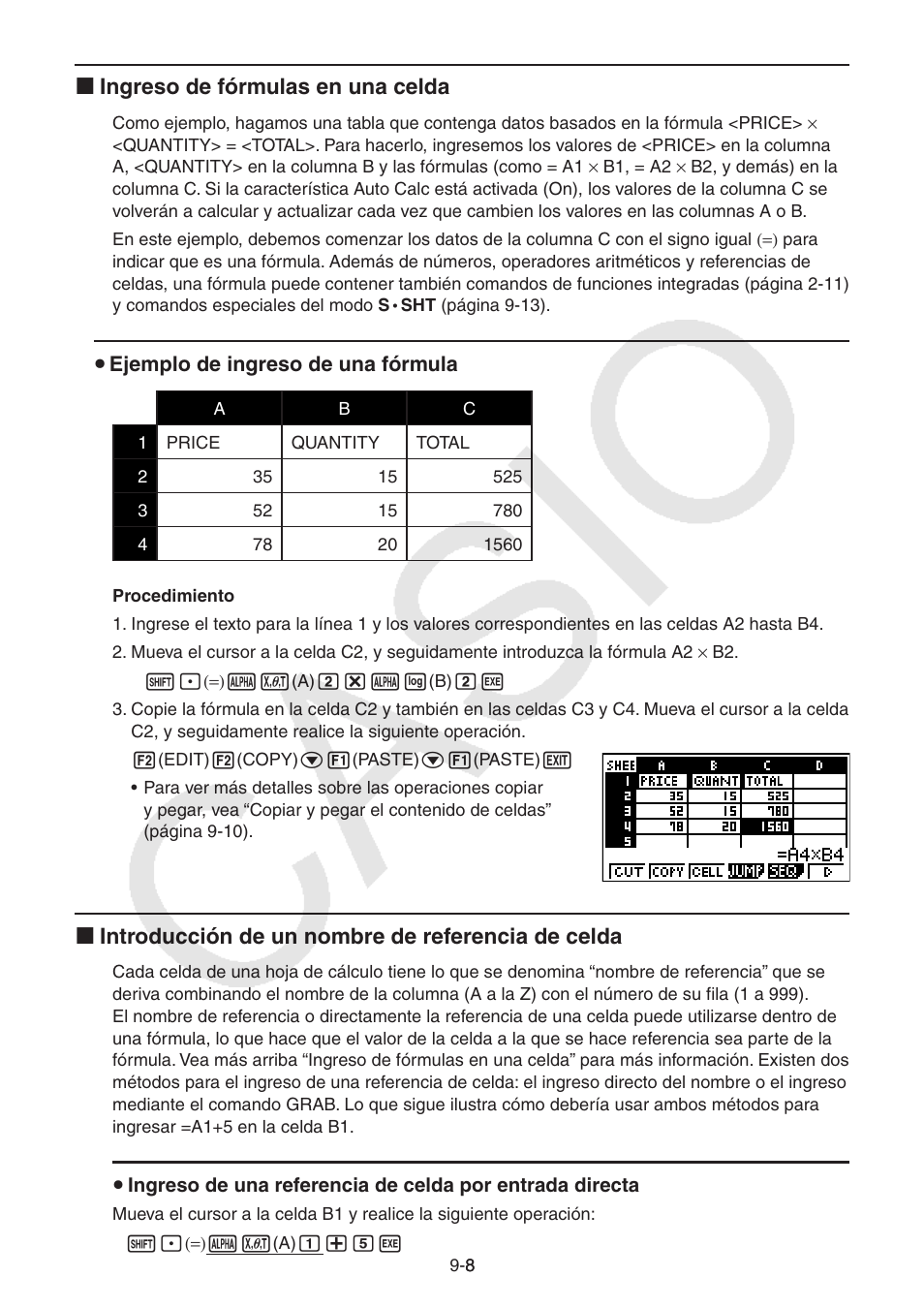 I ingreso de fórmulas en una celda, I introducción de un nombre de referencia de celda | Casio FX-9750GII User Manual | Page 270 / 411