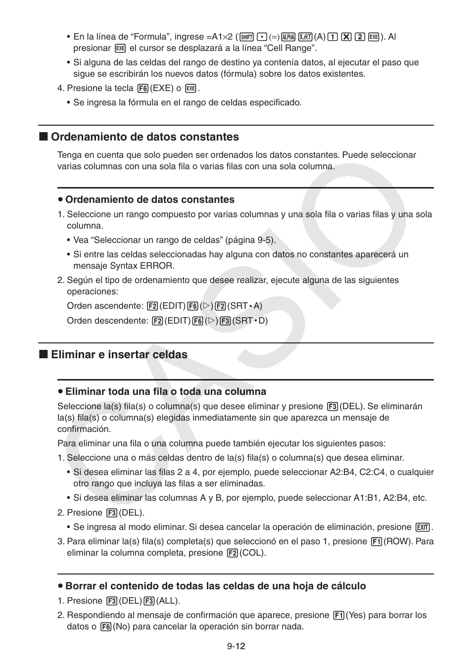 I ordenamiento de datos constantes, I eliminar e insertar celdas | Casio FX-9750GII User Manual | Page 274 / 411