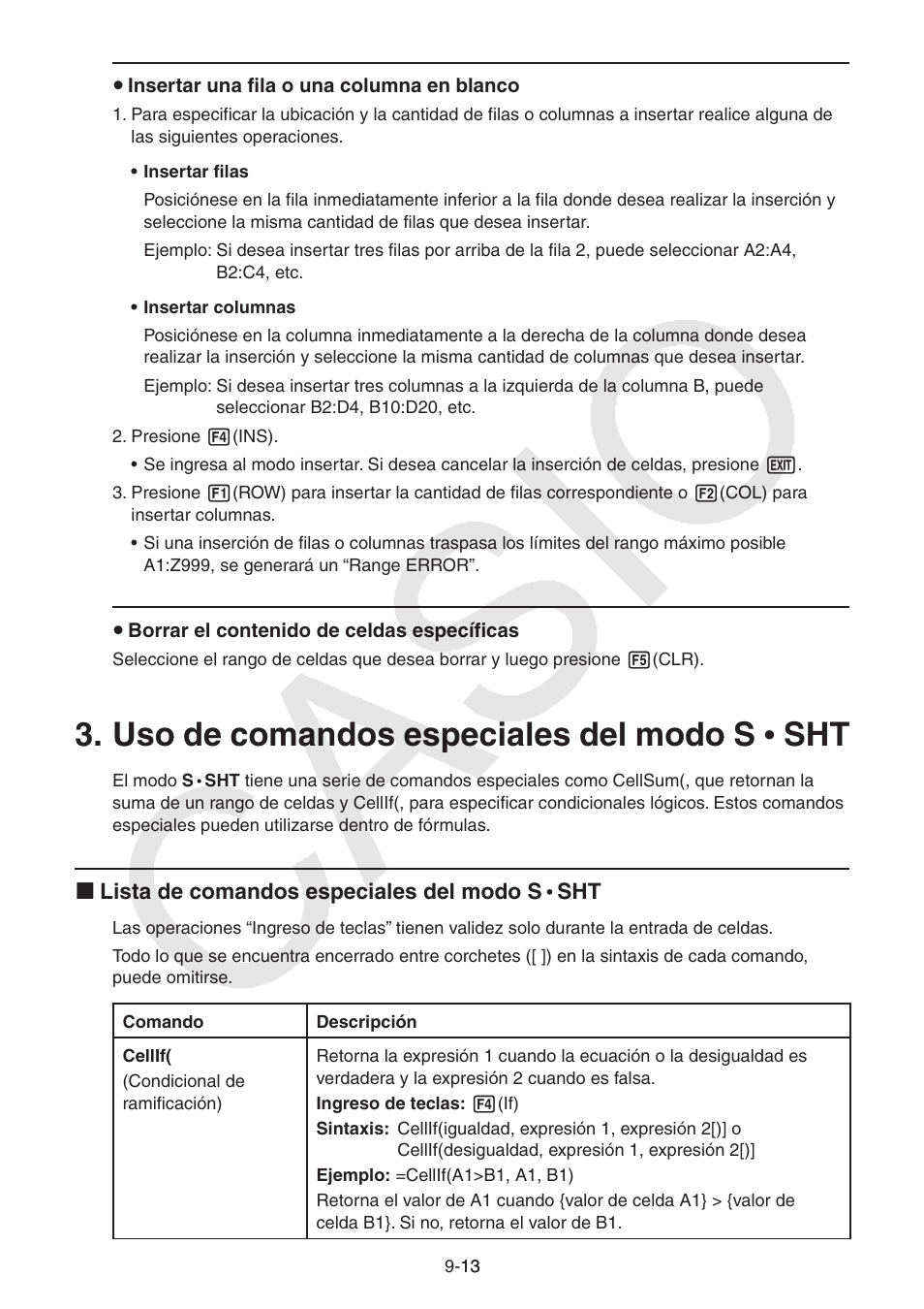 Uso de comandos especiales del modo s • sht, Uso de comandos especiales del modo s • sht -13, Uso de comandos especiales del modo s | Casio FX-9750GII User Manual | Page 275 / 411