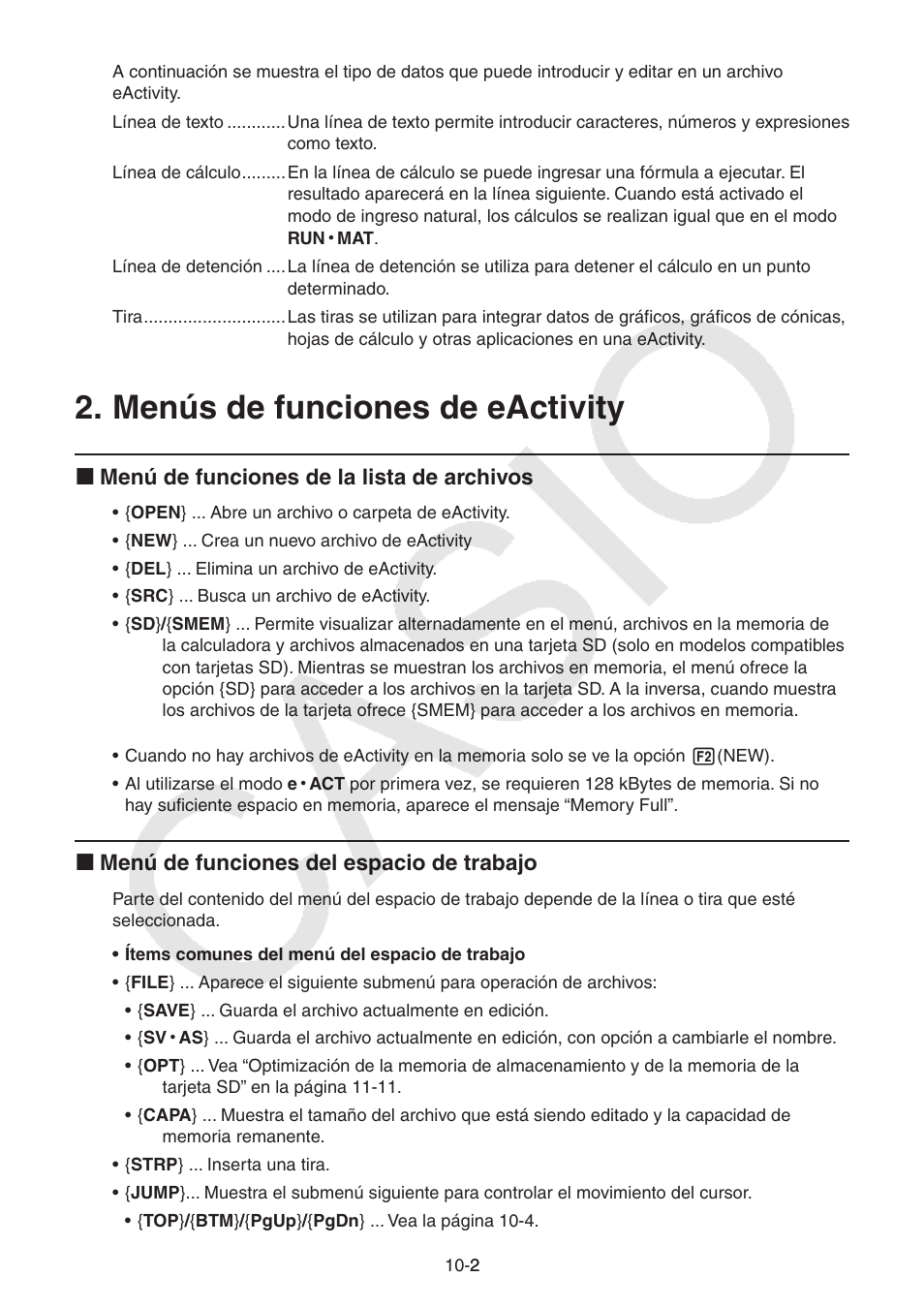 Menús de funciones de eactivity, Menús de funciones de eactivity -2, I menú de funciones de la lista de archivos | I menú de funciones del espacio de trabajo | Casio FX-9750GII User Manual | Page 285 / 411