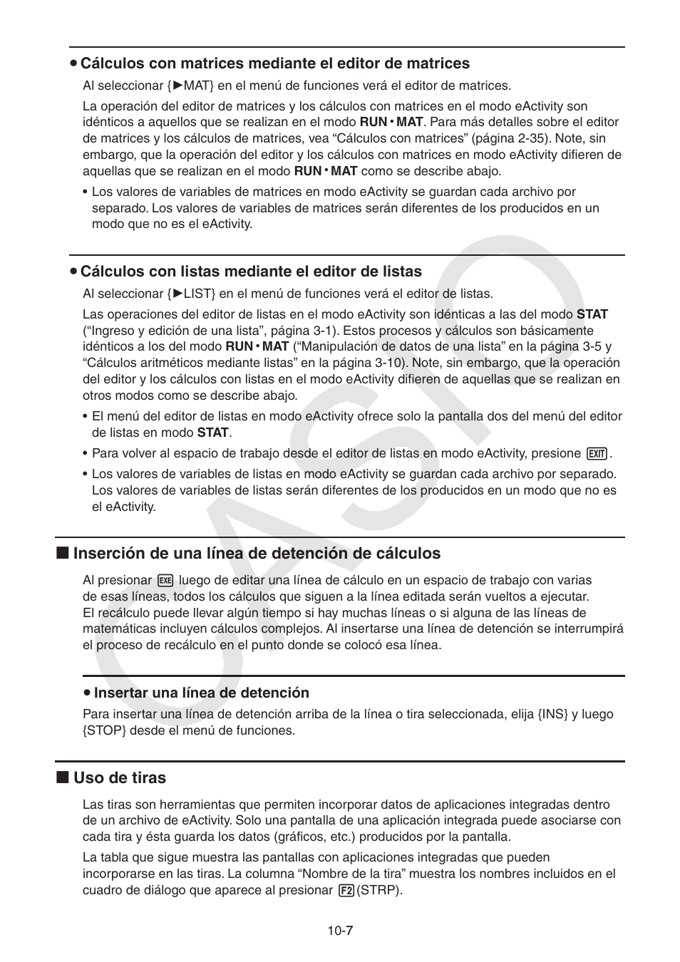 I inserción de una línea de detención de cálculos, I uso de tiras | Casio FX-9750GII User Manual | Page 290 / 411