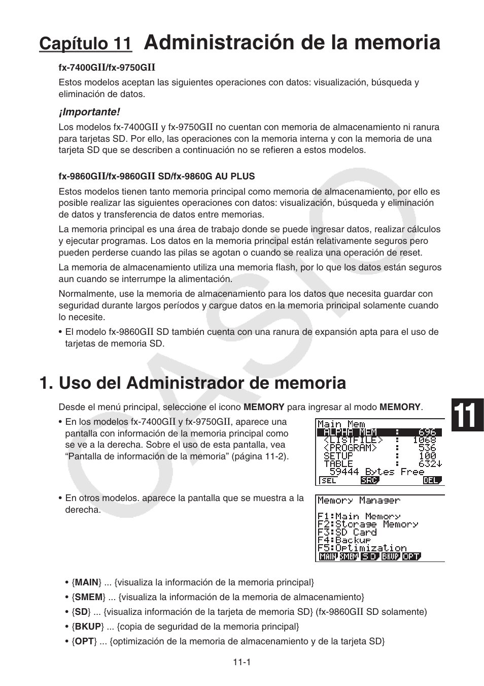 Capítulo 11 administración de la memoria, Uso del administrador de memoria, Uso del administrador de memoria -1 | Capítulo 11 | Casio FX-9750GII User Manual | Page 296 / 411