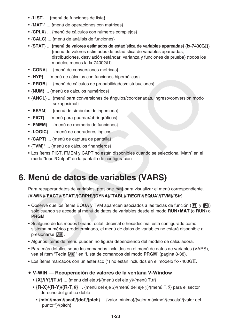 Menú de datos de variables (vars), Menú de datos de variables (vars) -23 | Casio FX-9750GII User Manual | Page 30 / 411