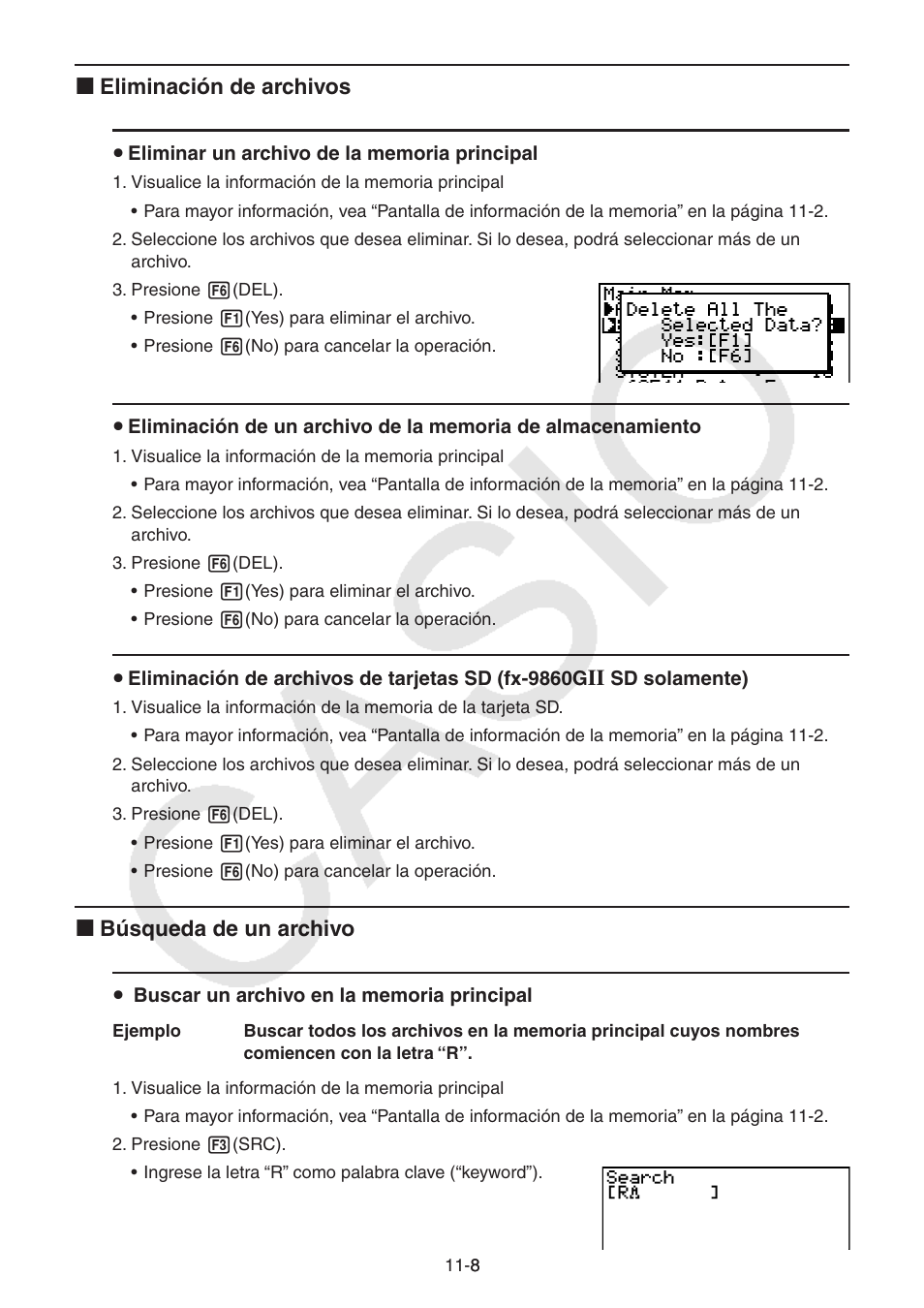 I eliminación de archivos, I búsqueda de un archivo | Casio FX-9750GII User Manual | Page 303 / 411