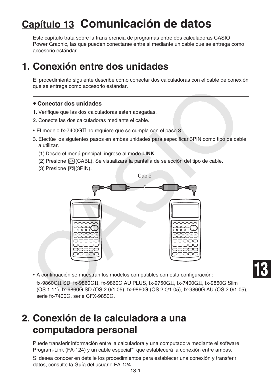 Capítulo 13 comunicación de datos, Conexión entre dos unidades, Conexión entre dos unidades -1 | Comunicación de datos, Capítulo 13 | Casio FX-9750GII User Manual | Page 312 / 411