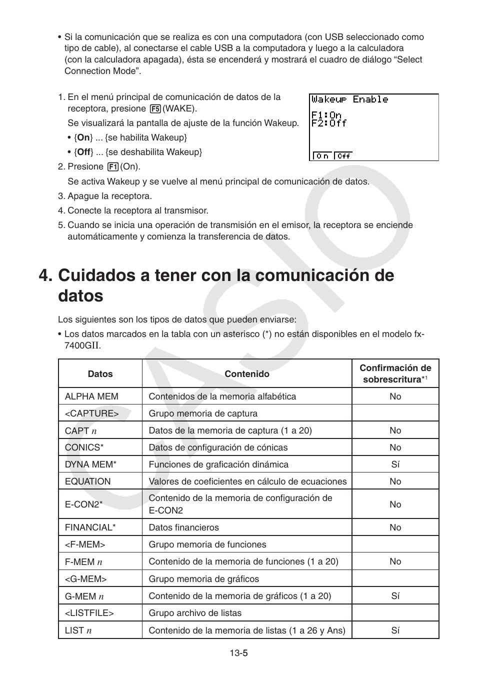 Cuidados a tener con la comunicación de datos, Cuidados a tener con la comunicación de datos -5 | Casio FX-9750GII User Manual | Page 316 / 411