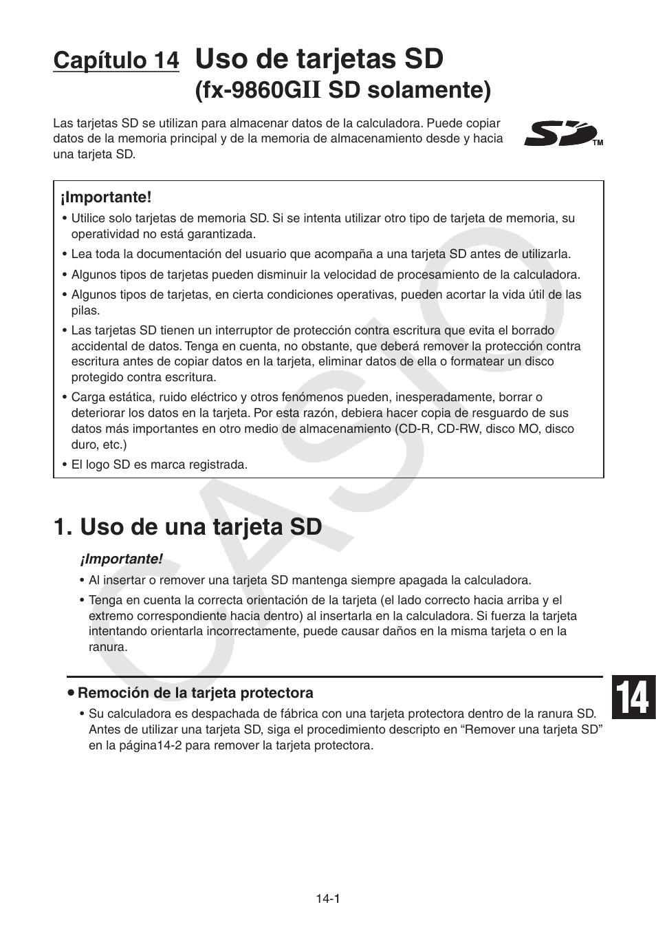 Uso de una tarjeta sd, Capítulo 14 uso de tarjetas sd (fx-9860g, Sd solamente) | Uso de una tarjeta sd -1, Uso de tarjetas sd, Capítulo 14, Fx-9860g | Casio FX-9750GII User Manual | Page 326 / 411