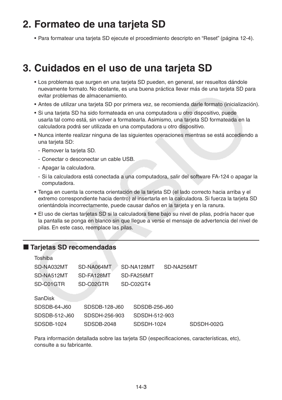 Formateo de una tarjeta sd, Cuidados en el uso de una tarjeta sd, Formateo de una tarjeta sd -3 | Cuidados en el uso de una tarjeta sd -3 | Casio FX-9750GII User Manual | Page 328 / 411