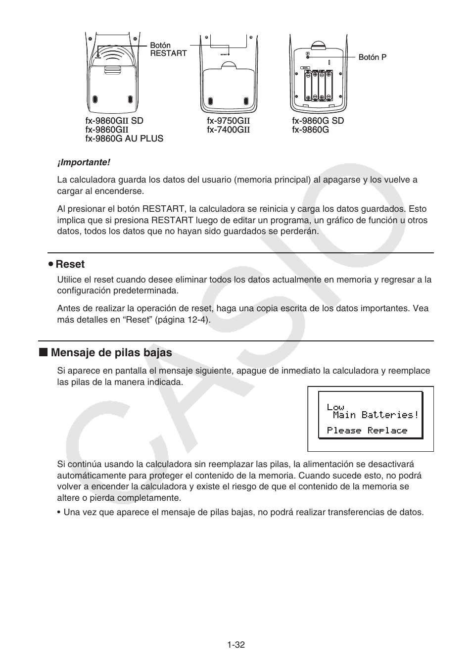 K mensaje de pilas bajas | Casio FX-9750GII User Manual | Page 39 / 411