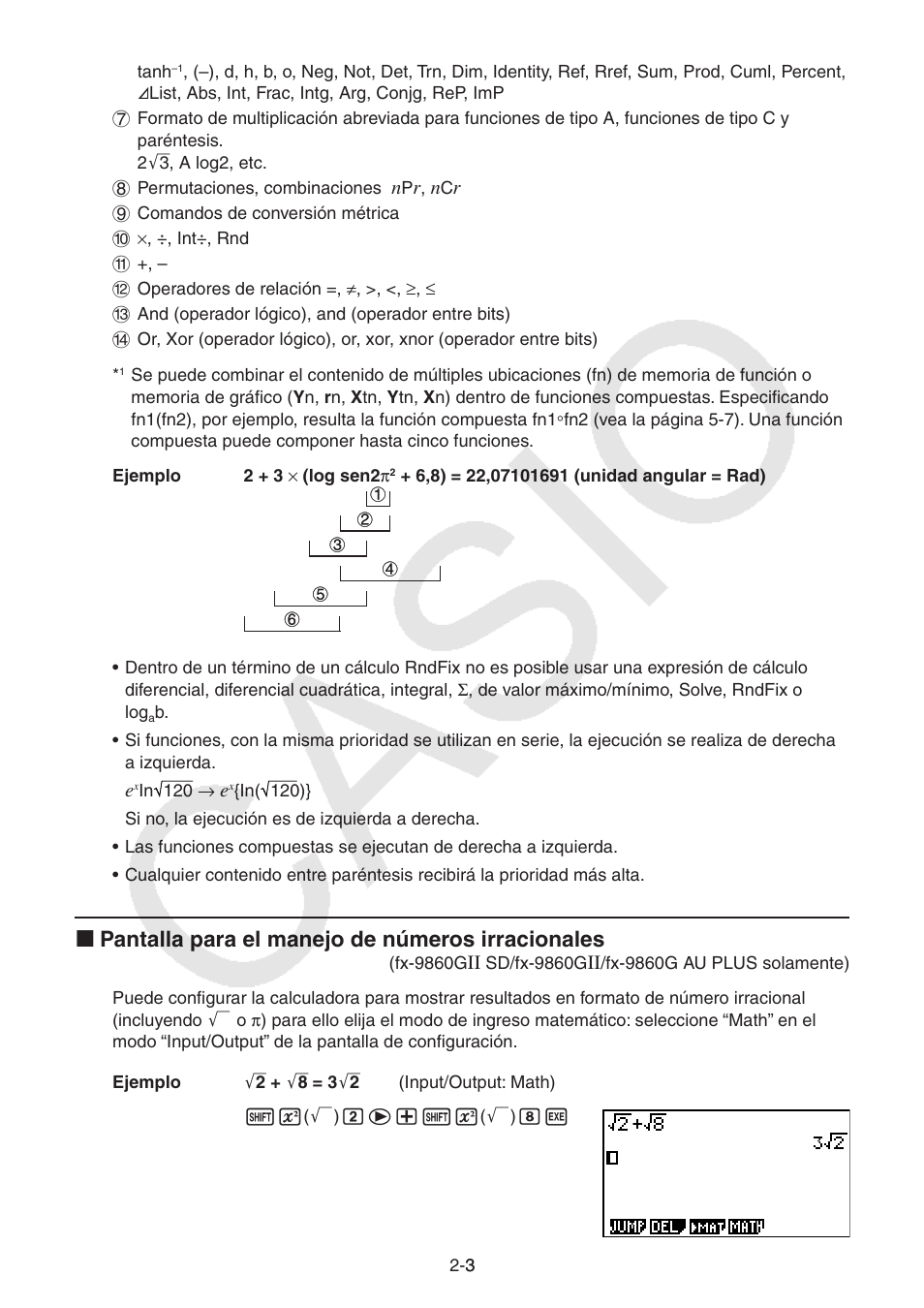 I pantalla para el manejo de números irracionales | Casio FX-9750GII User Manual | Page 42 / 411