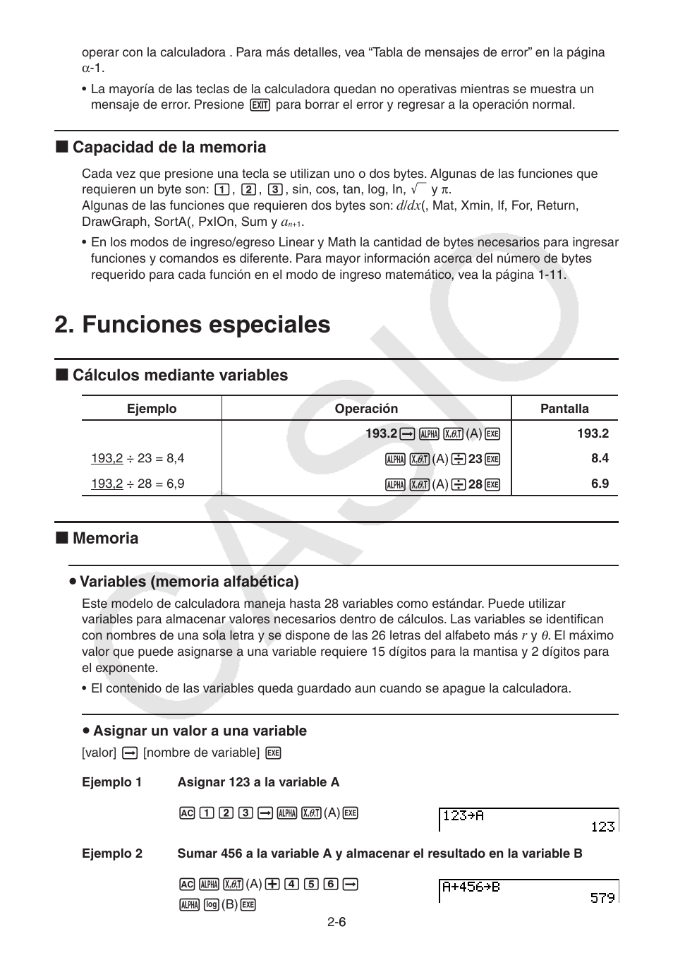 Funciones especiales, Funciones, Especiales | I cálculos mediante variables | Casio FX-9750GII User Manual | Page 45 / 411