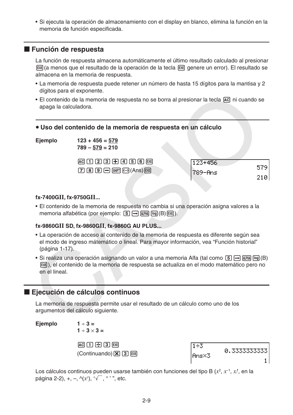 K función de respuesta, K ejecución de cálculos continuos | Casio FX-9750GII User Manual | Page 48 / 411