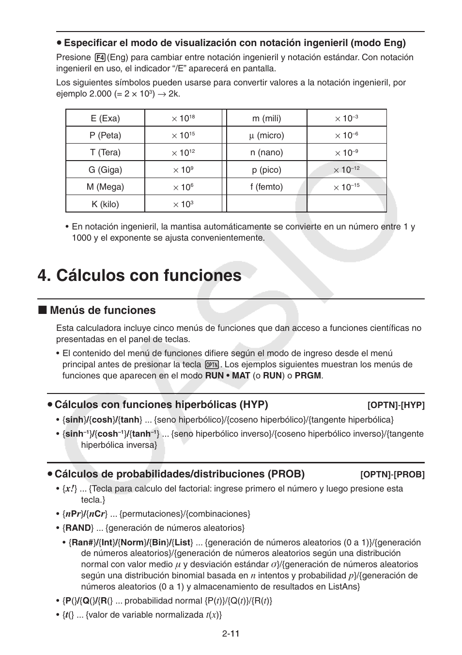 Cálculos con funciones, Cálculos con funciones -11, I menús de funciones | S cálculos con funciones hiperbólicas (hyp), S cálculos de probabilidades/distribuciones (prob) | Casio FX-9750GII User Manual | Page 50 / 411