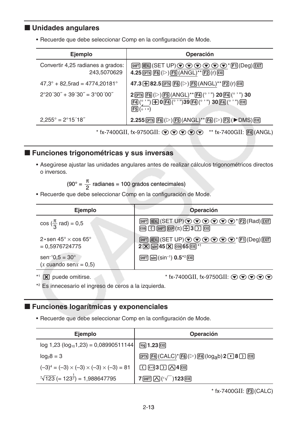 I unidades angulares, I funciones trigonométricas y sus inversas, I funciones logarítmicas y exponenciales | Casio FX-9750GII User Manual | Page 52 / 411