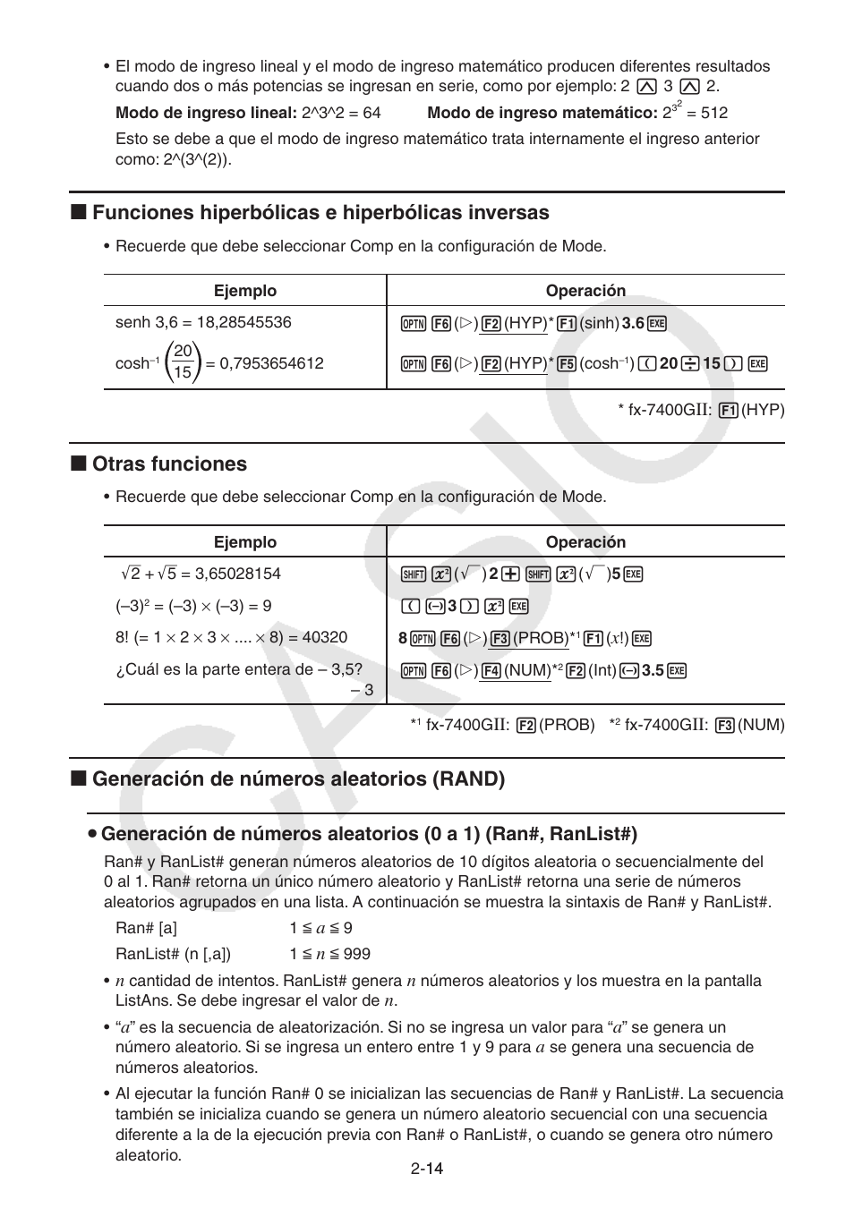 I funciones hiperbólicas e hiperbólicas inversas, I otras funciones, I generación de números aleatorios (rand) | Casio FX-9750GII User Manual | Page 53 / 411