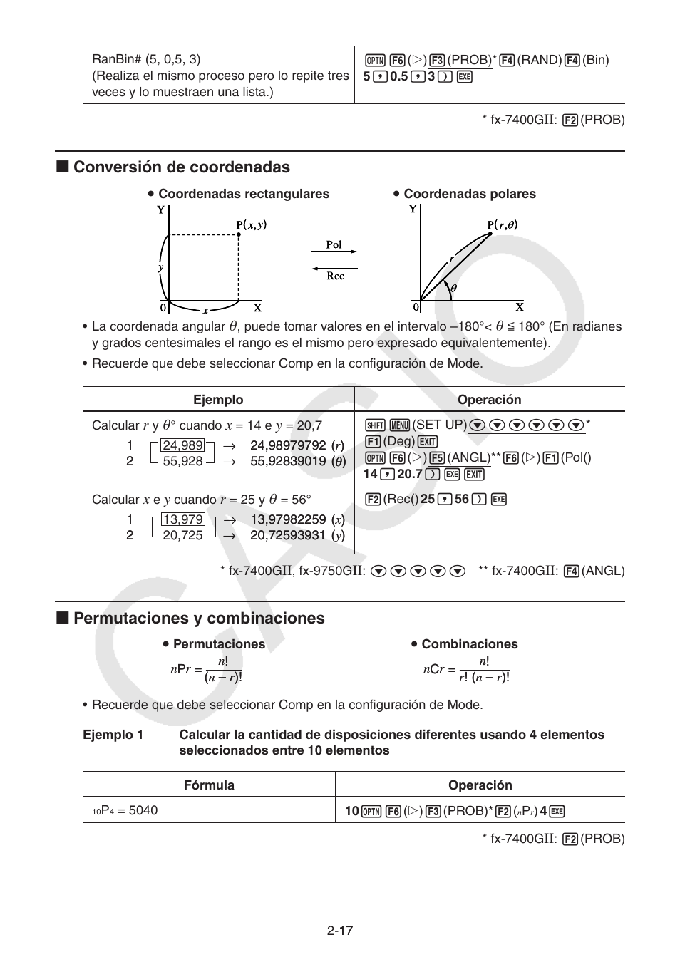 I conversión de coordenadas, I permutaciones y combinaciones | Casio FX-9750GII User Manual | Page 56 / 411