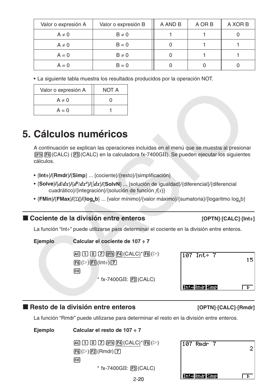 Cálculos numéricos, Cálculos, Numéricos | I cociente de la división entre enteros, I resto de la división entre enteros | Casio FX-9750GII User Manual | Page 59 / 411