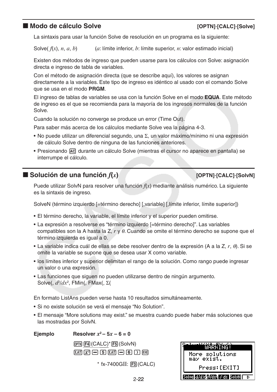 I modo de cálculo solve, I solución de una función | Casio FX-9750GII User Manual | Page 61 / 411