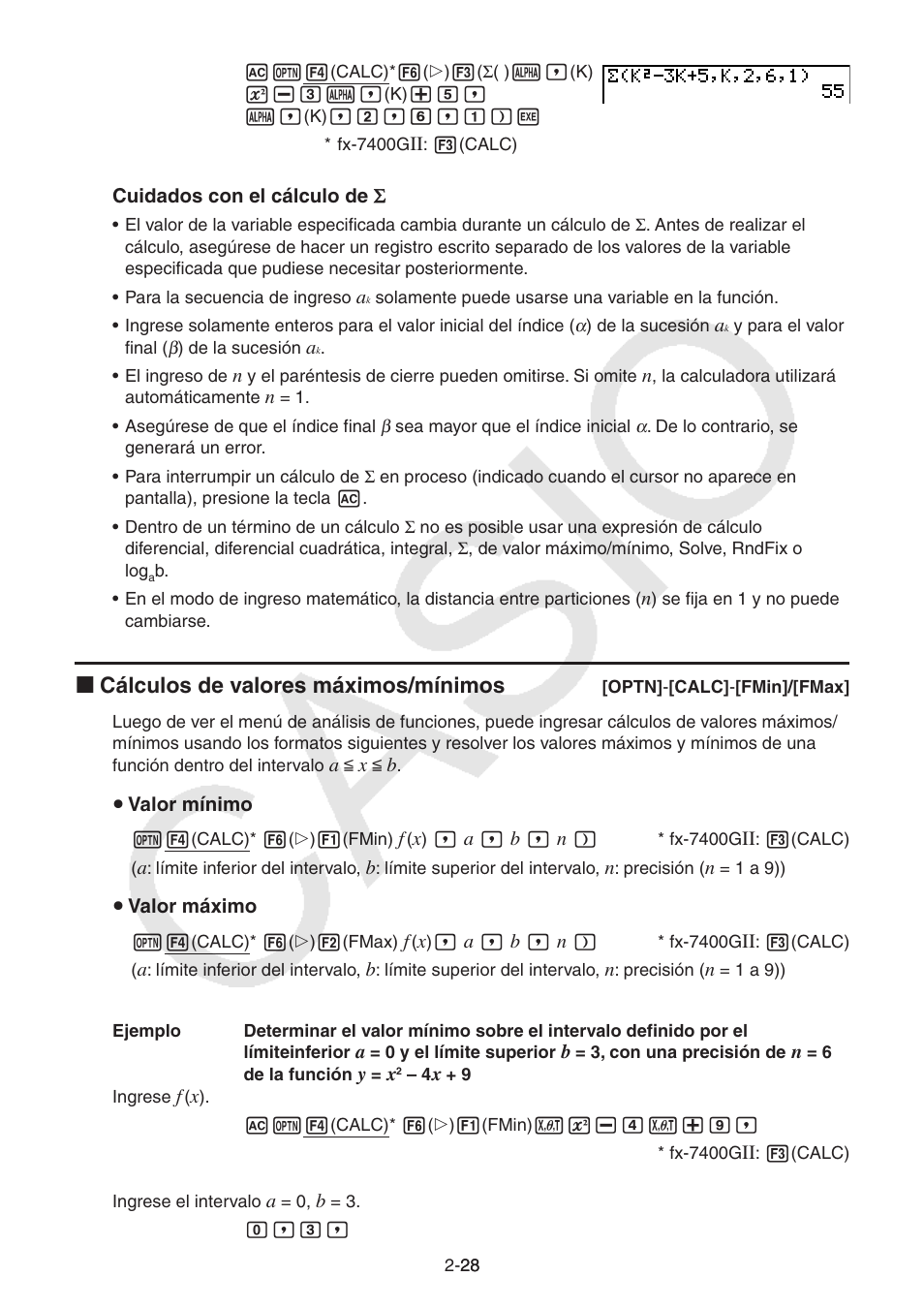 I cálculos de valores máximos/mínimos | Casio FX-9750GII User Manual | Page 67 / 411