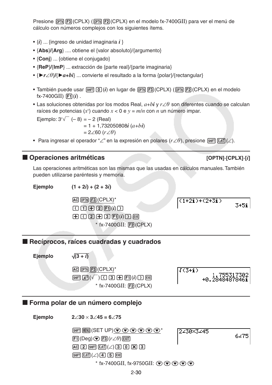 I operaciones aritméticas, I recíprocos, raíces cuadradas y cuadrados, I forma polar de un número complejo | Casio FX-9750GII User Manual | Page 69 / 411