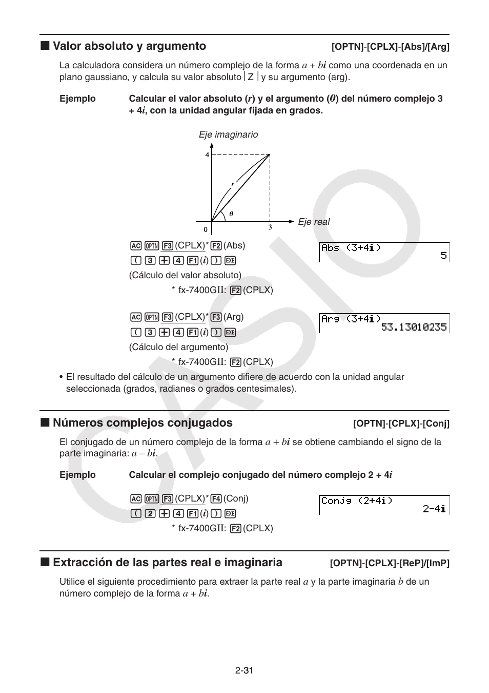 I valor absoluto y argumento, I números complejos conjugados, I extracción de las partes real e imaginaria | Casio FX-9750GII User Manual | Page 70 / 411