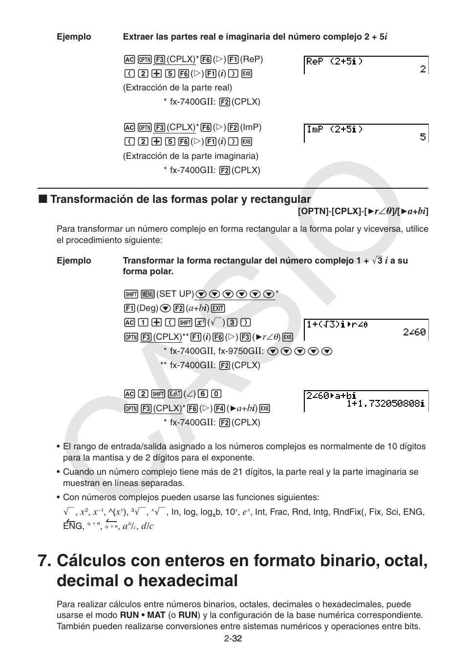 I transformación de las formas polar y rectangular | Casio FX-9750GII User Manual | Page 71 / 411