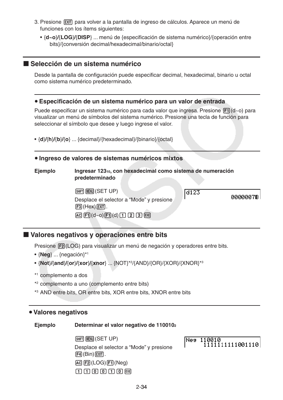 I selección de un sistema numérico, I valores negativos y operaciones entre bits, S valores negativos | Casio FX-9750GII User Manual | Page 73 / 411