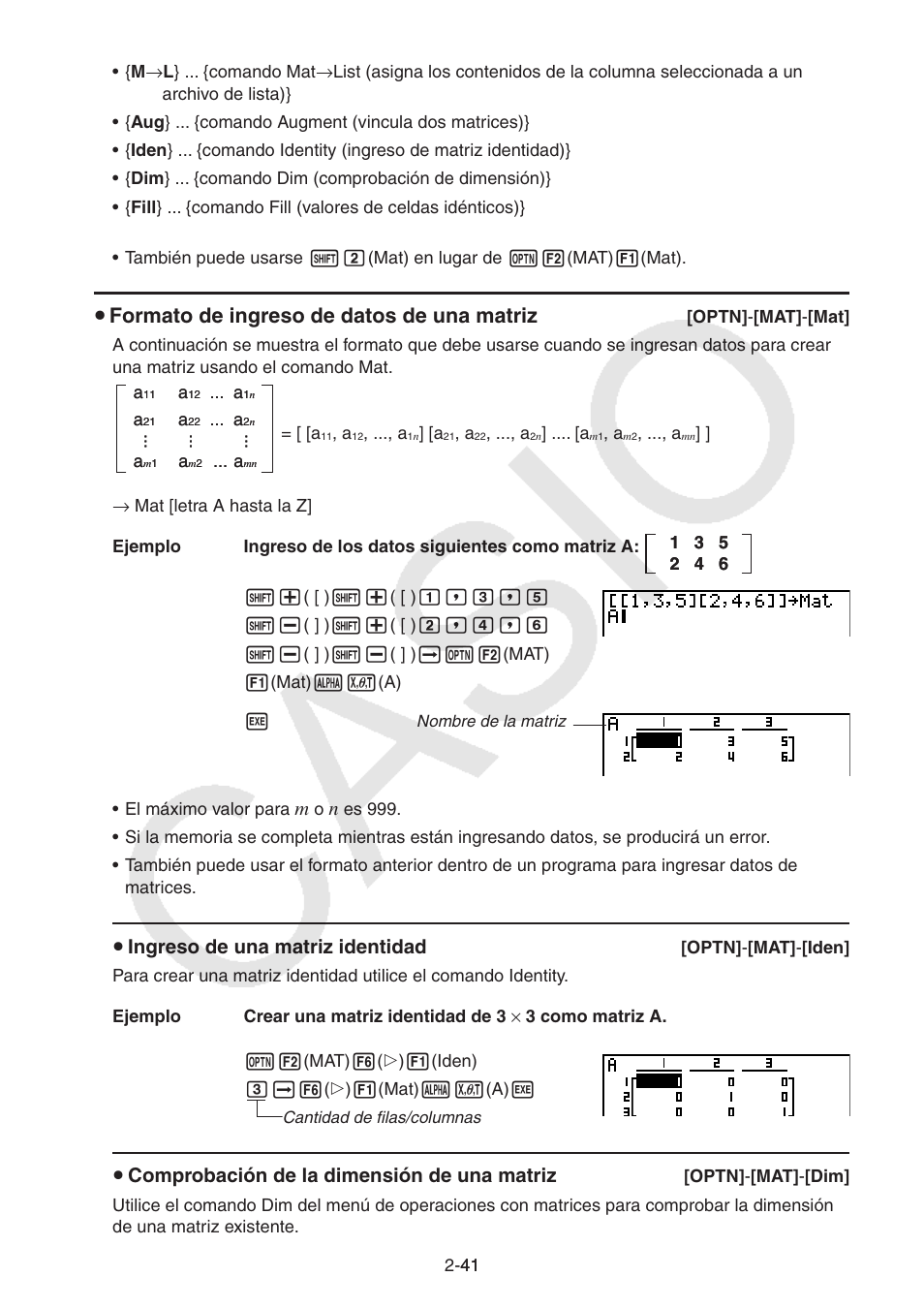 S formato de ingreso de datos de una matriz, S ingreso de una matriz identidad, S comprobación de la dimensión de una matriz | Casio FX-9750GII User Manual | Page 80 / 411