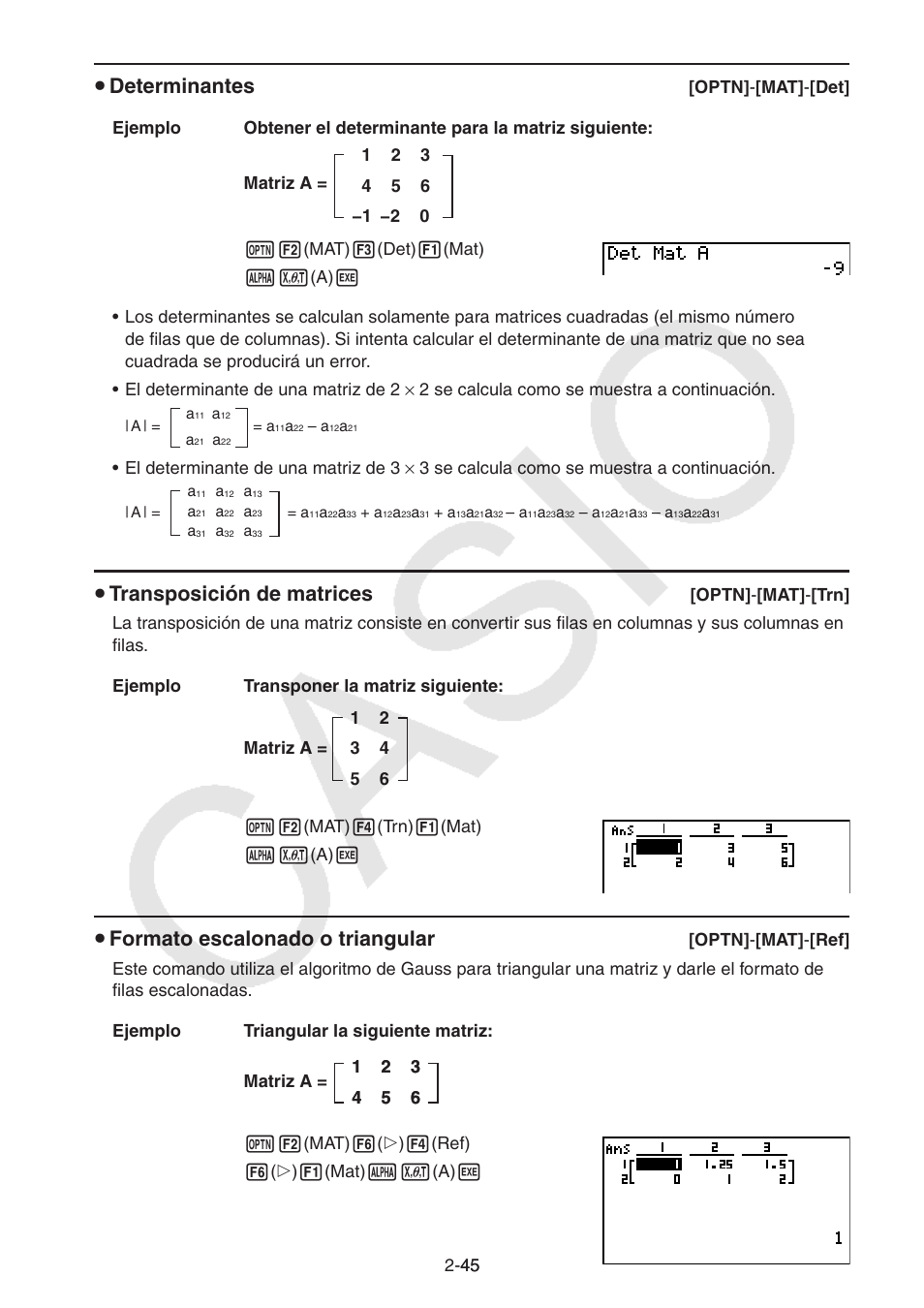 S determinantes, S transposición de matrices, S formato escalonado o triangular | Casio FX-9750GII User Manual | Page 84 / 411