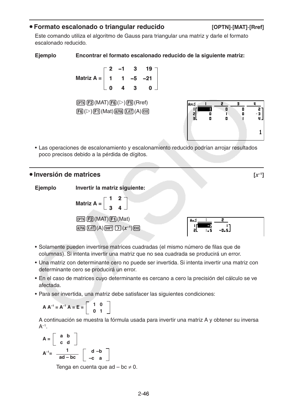 S formato escalonado o triangular reducido, S inversión de matrices | Casio FX-9750GII User Manual | Page 85 / 411