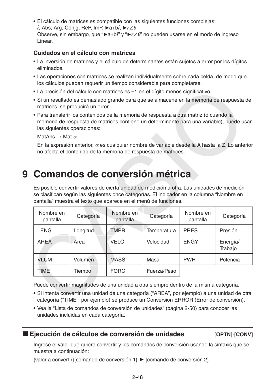 9 comandos de conversión métrica, 9 comandos de conversión métrica -48, I ejecución de cálculos de conversión de unidades | Casio FX-9750GII User Manual | Page 87 / 411