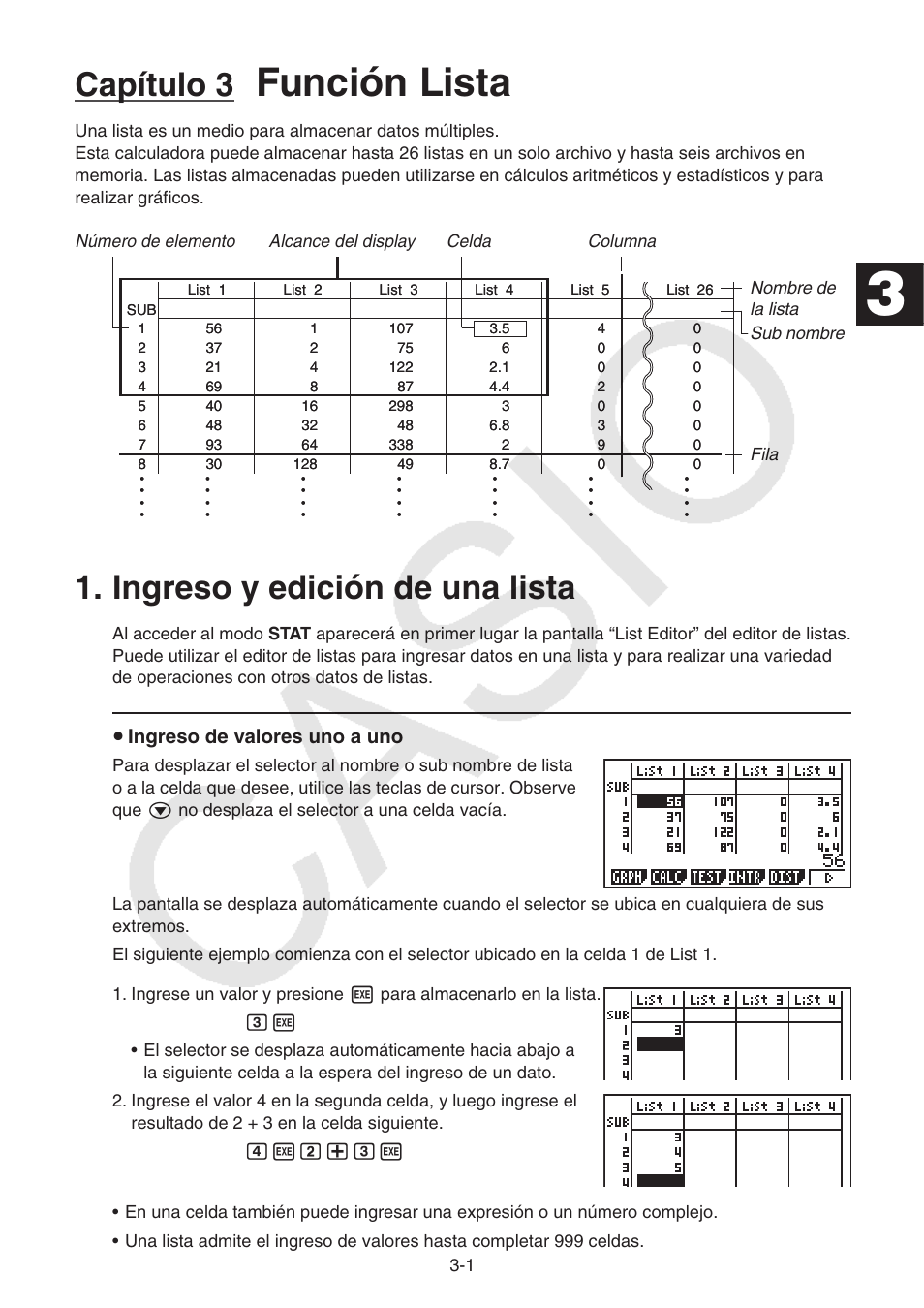 Capítulo 3 función lista, Ingreso y edición de una lista, Ingreso y edición de una lista -1 | Función lista, Capítulo 3, S ingreso de valores uno a uno | Casio FX-9750GII User Manual | Page 92 / 411