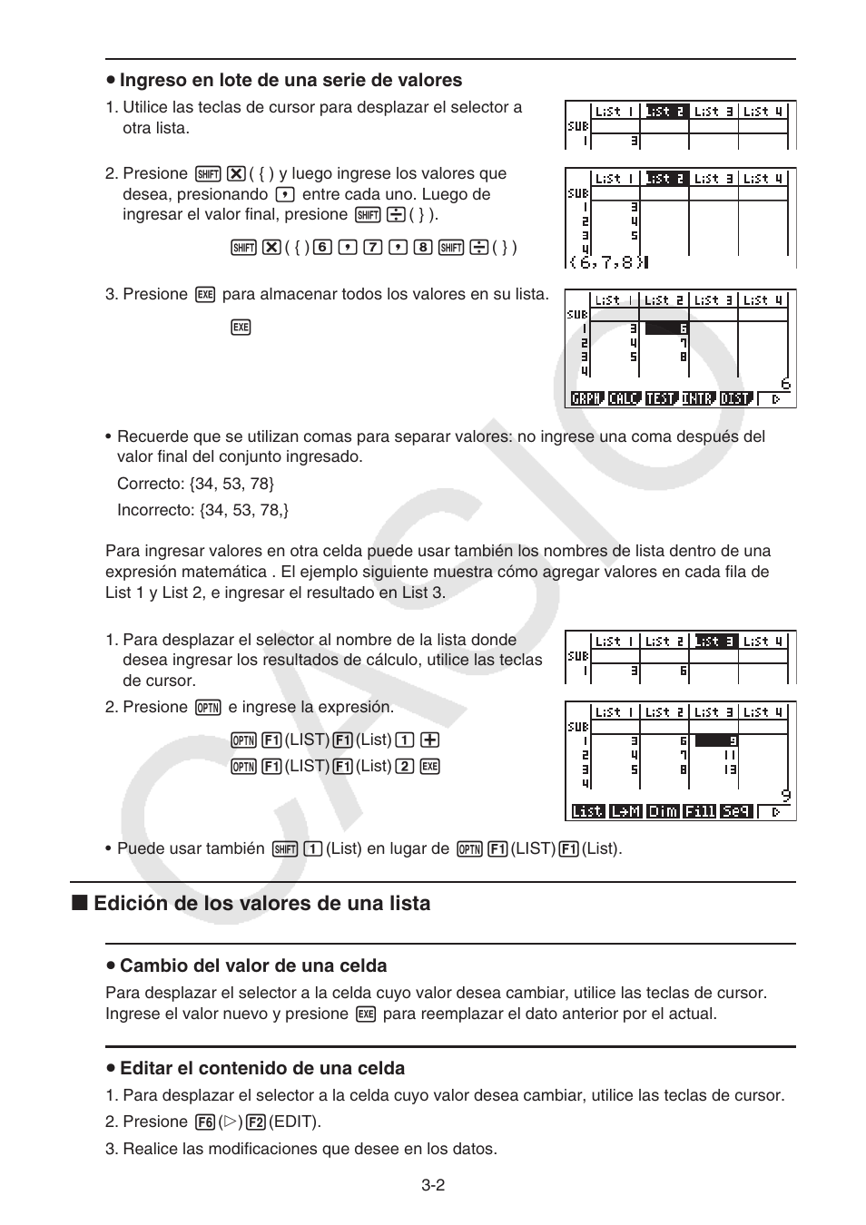 I edición de los valores de una lista | Casio FX-9750GII User Manual | Page 93 / 411