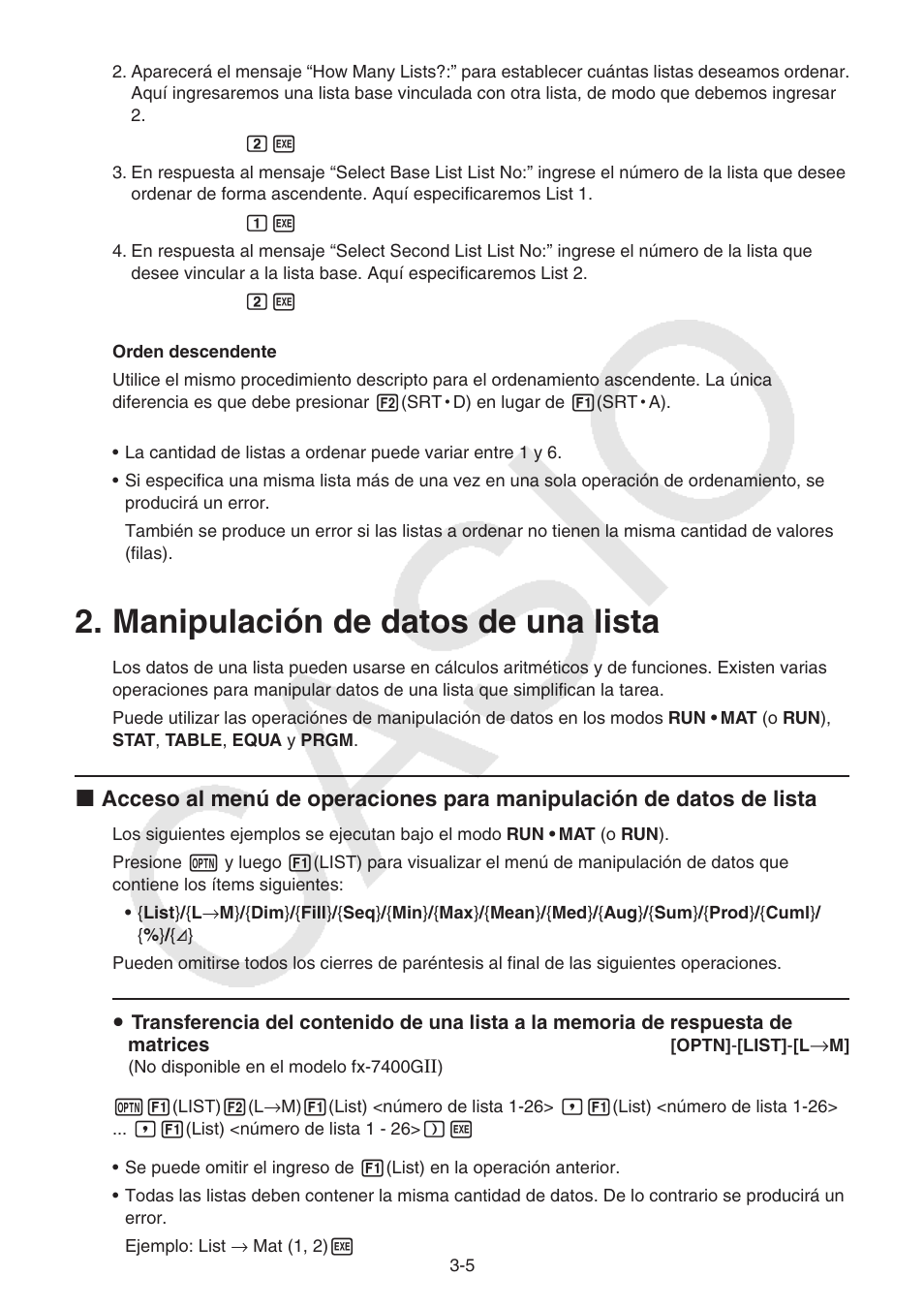 Manipulación de datos de una lista, Manipulación de datos de una lista -5 | Casio FX-9750GII User Manual | Page 96 / 411