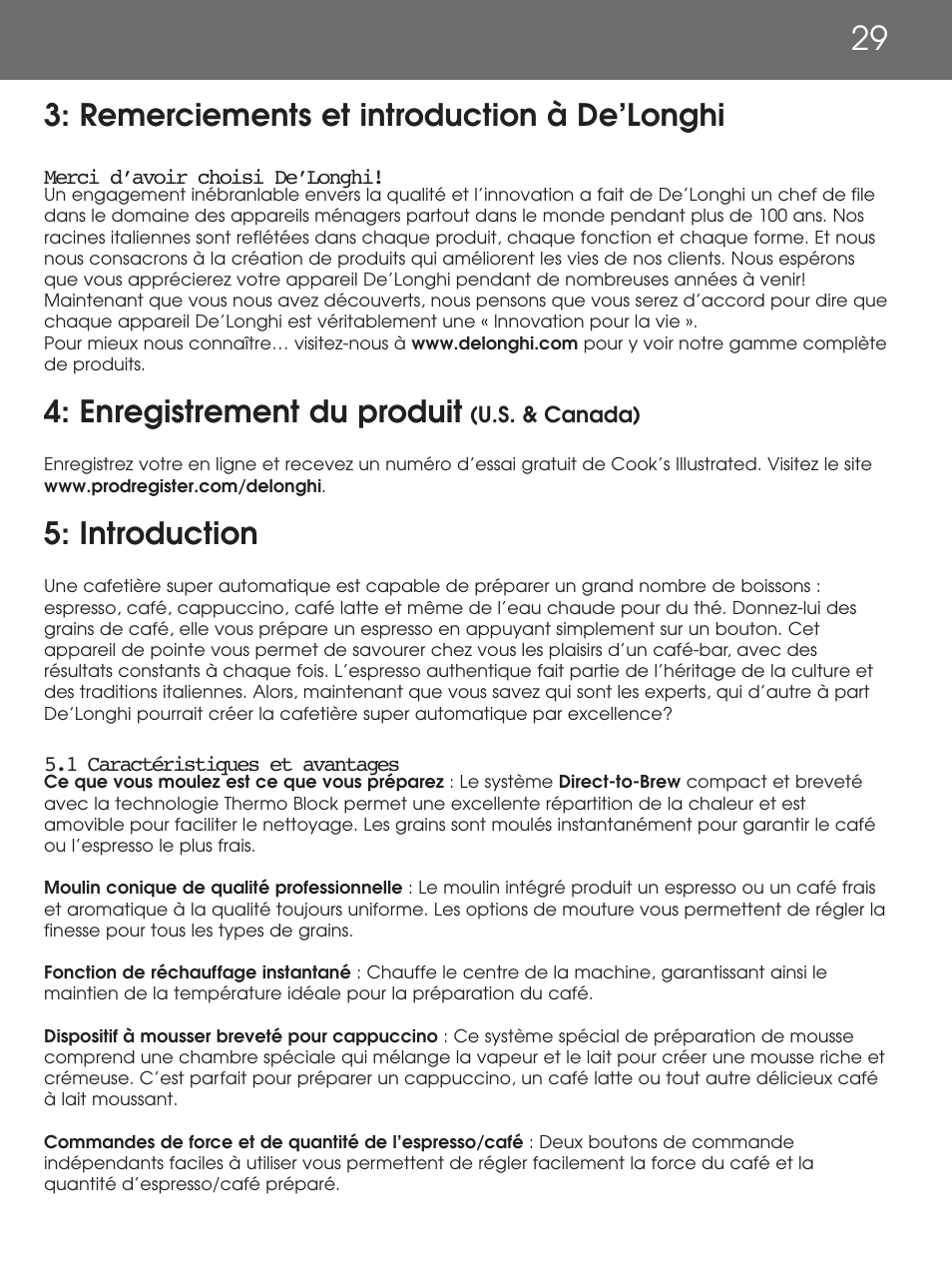 Remerciements et introduction à de’longhi, Enregistrement du produit, Introduction | DeLonghi EAM4000 Series User Manual | Page 29 / 108