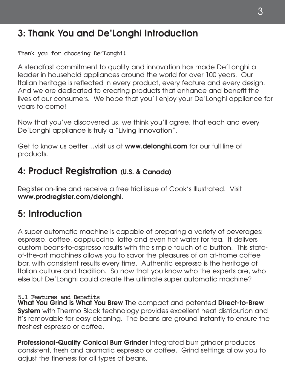 Product registration, Introduction | DeLonghi EAM4000 Series User Manual | Page 3 / 108