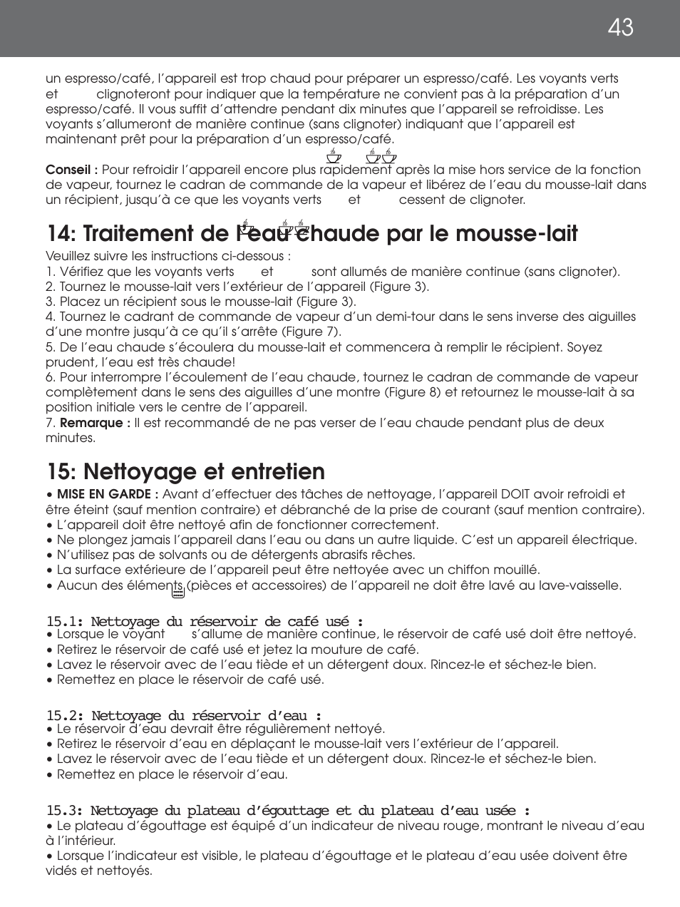 Traitement de l’eau chaude par le mousse-lait, Nettoyage et entretien | DeLonghi EAM4000 Series User Manual | Page 43 / 108