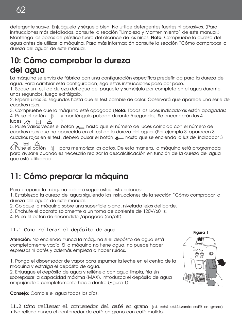 Cómo comprobar la dureza del agua, Cómo preparar la máquina | DeLonghi EAM4000 Series User Manual | Page 62 / 108