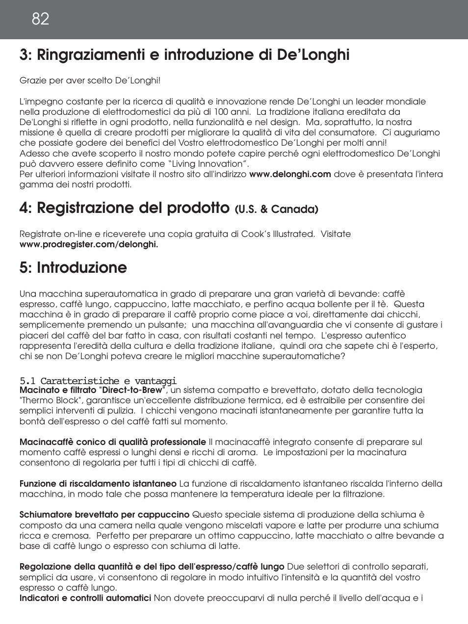 Ringraziamenti e introduzione di de’longhi, Registrazione del prodotto, Introduzione | DeLonghi EAM4000 Series User Manual | Page 82 / 108