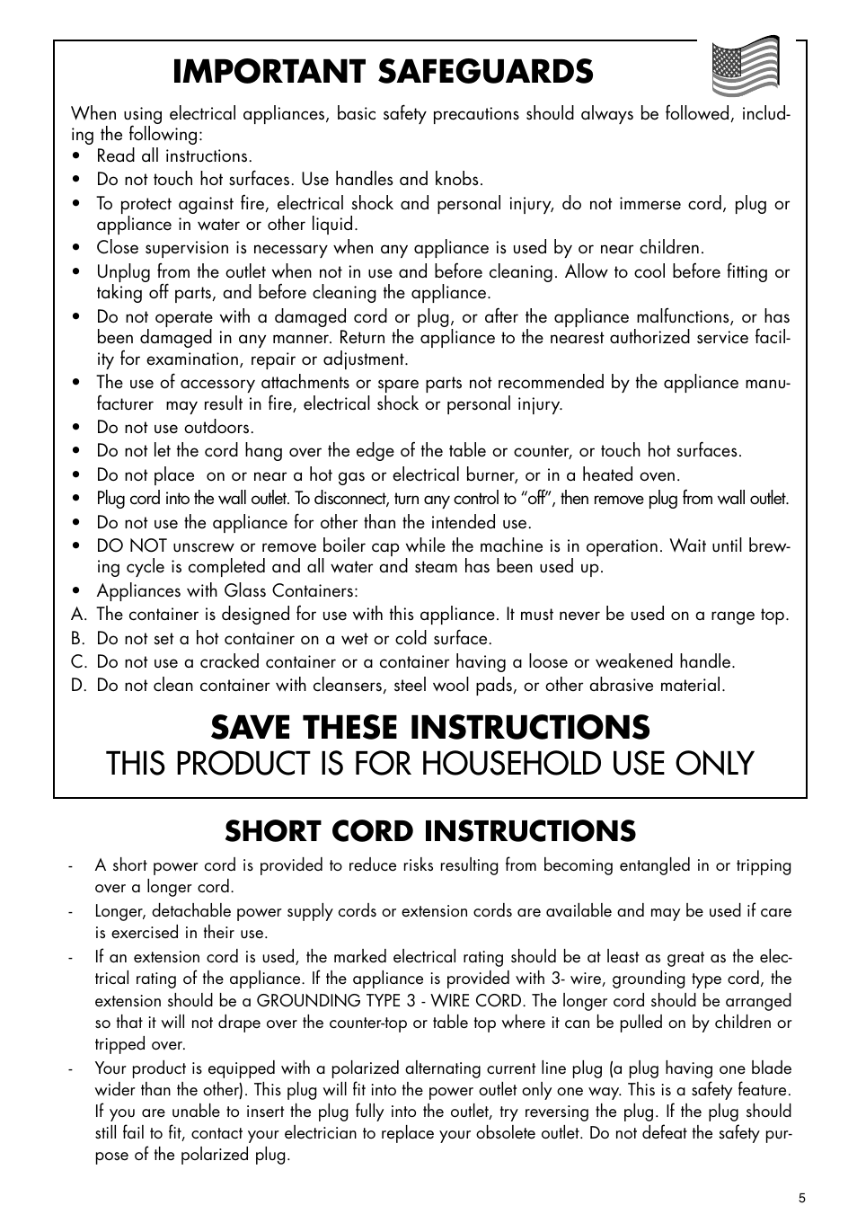 Important safeguards, Short cord instructions | DeLonghi BCO70 User Manual | Page 5 / 12