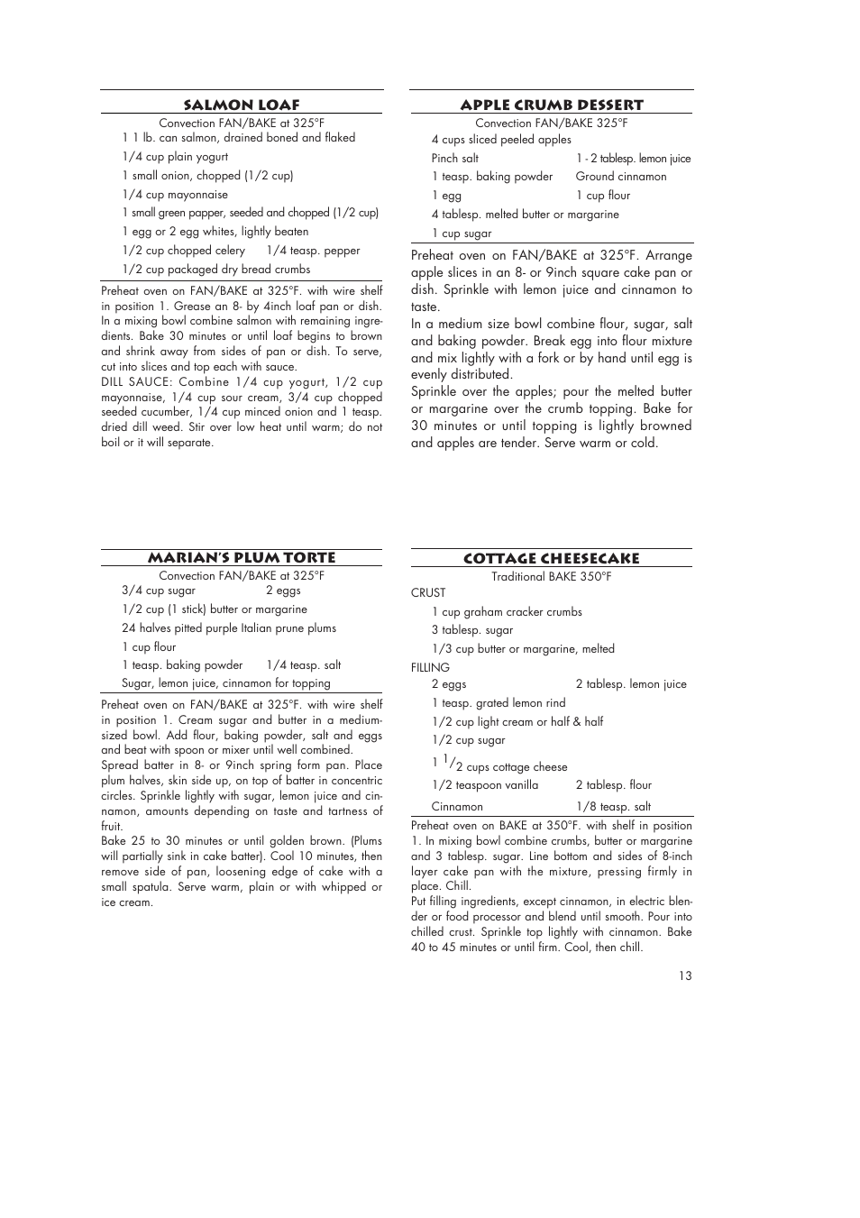 Salmon loaf, Marian’s plum torte, Apple crumb dessert | Cottage cheesecake | DeLonghi AS40U User Manual | Page 13 / 14