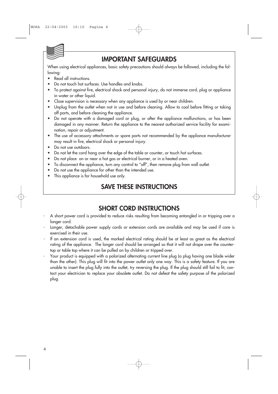 Important safeguards, Save these instructions short cord instructions | DeLonghi Electric Coffee Maker User Manual | Page 4 / 7