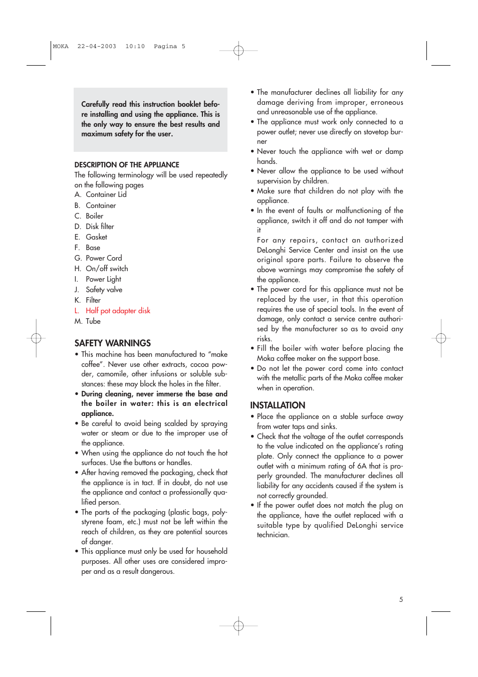 DeLonghi Electric Coffee Maker User Manual | Page 5 / 7