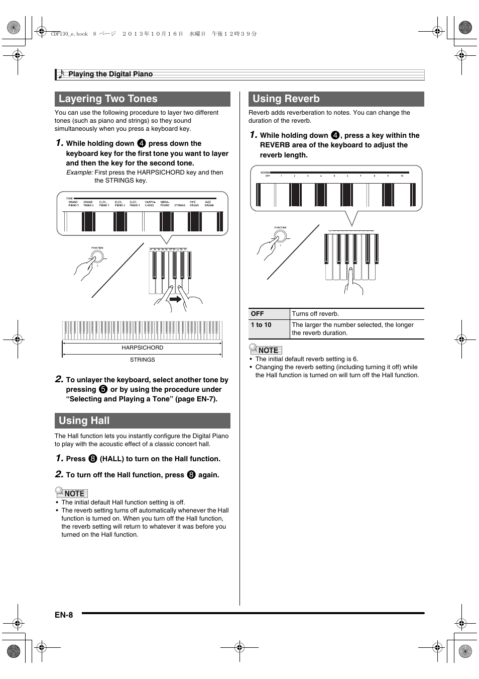 Layering two tones using hall, Using reverb | Casio CDP-130 User Manual | Page 10 / 20