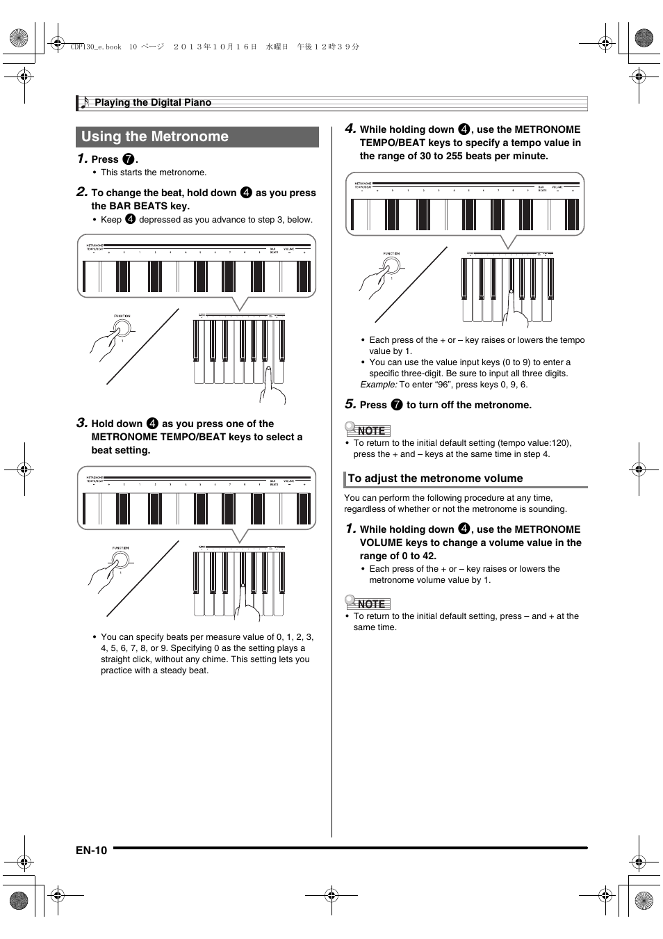 Using the metronome | Casio CDP-130 User Manual | Page 12 / 20
