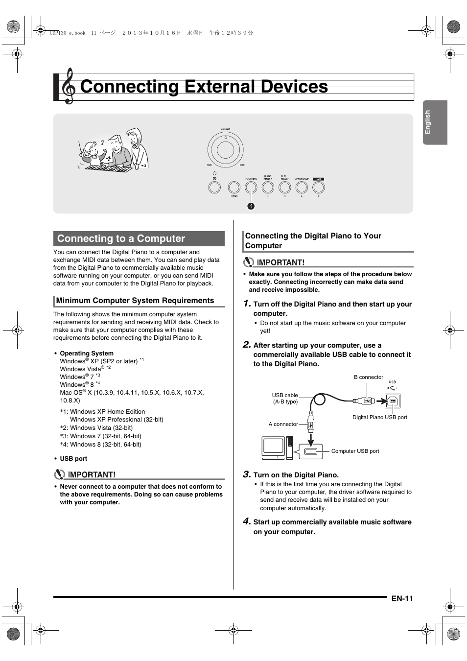 Connecting external devices, Connecting to a computer | Casio CDP-130 User Manual | Page 13 / 20