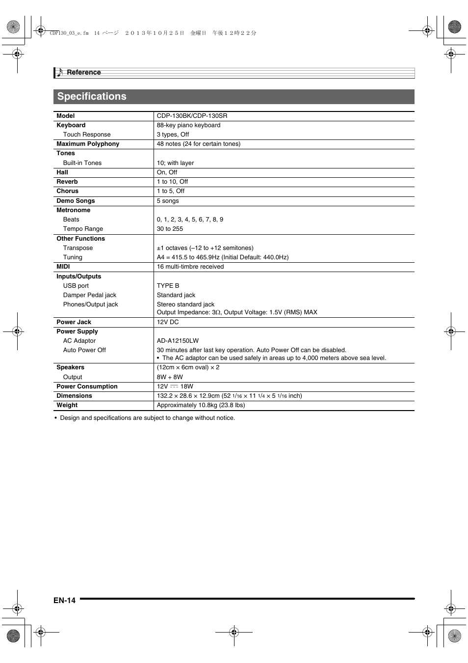 Specifications, En-14 | Casio CDP-130 User Manual | Page 16 / 20