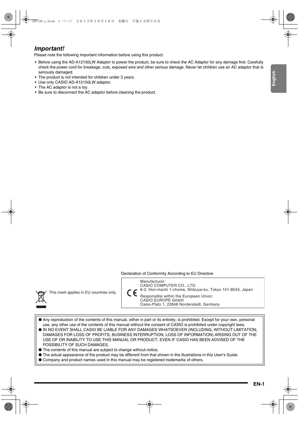 Important, En-1 | Casio CDP-130 User Manual | Page 3 / 20