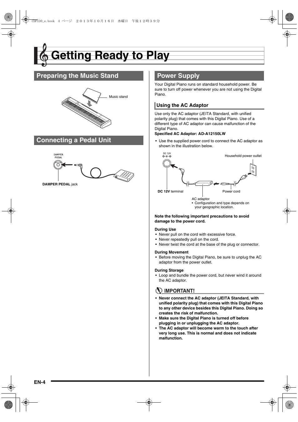 Getting ready to play, Preparing the music stand connecting a pedal unit, Power supply | Casio CDP-130 User Manual | Page 6 / 20